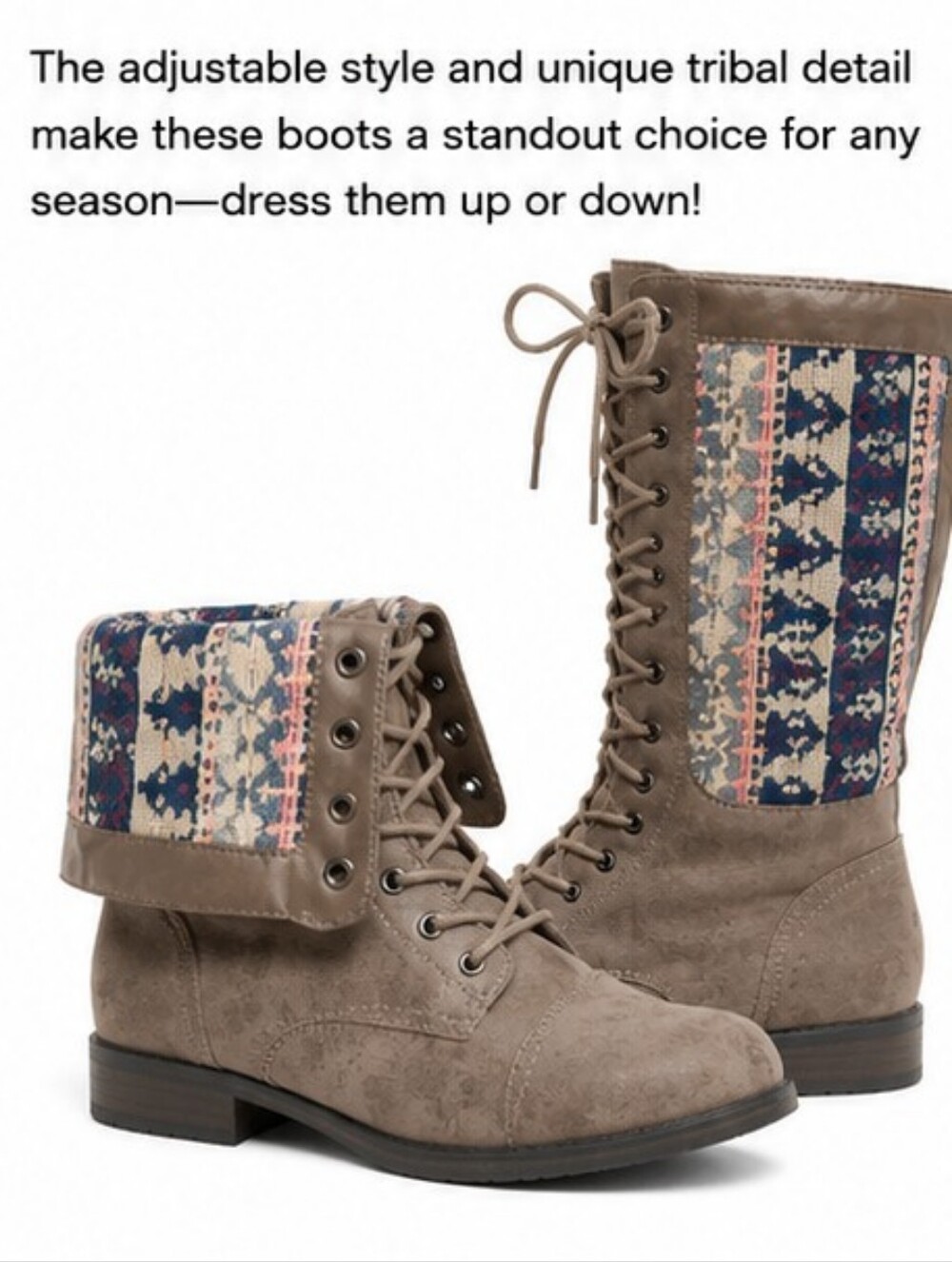JustFab Convertible Combat Boots Size 7.5 | Fold-Over Adjustable Shaft Tribal